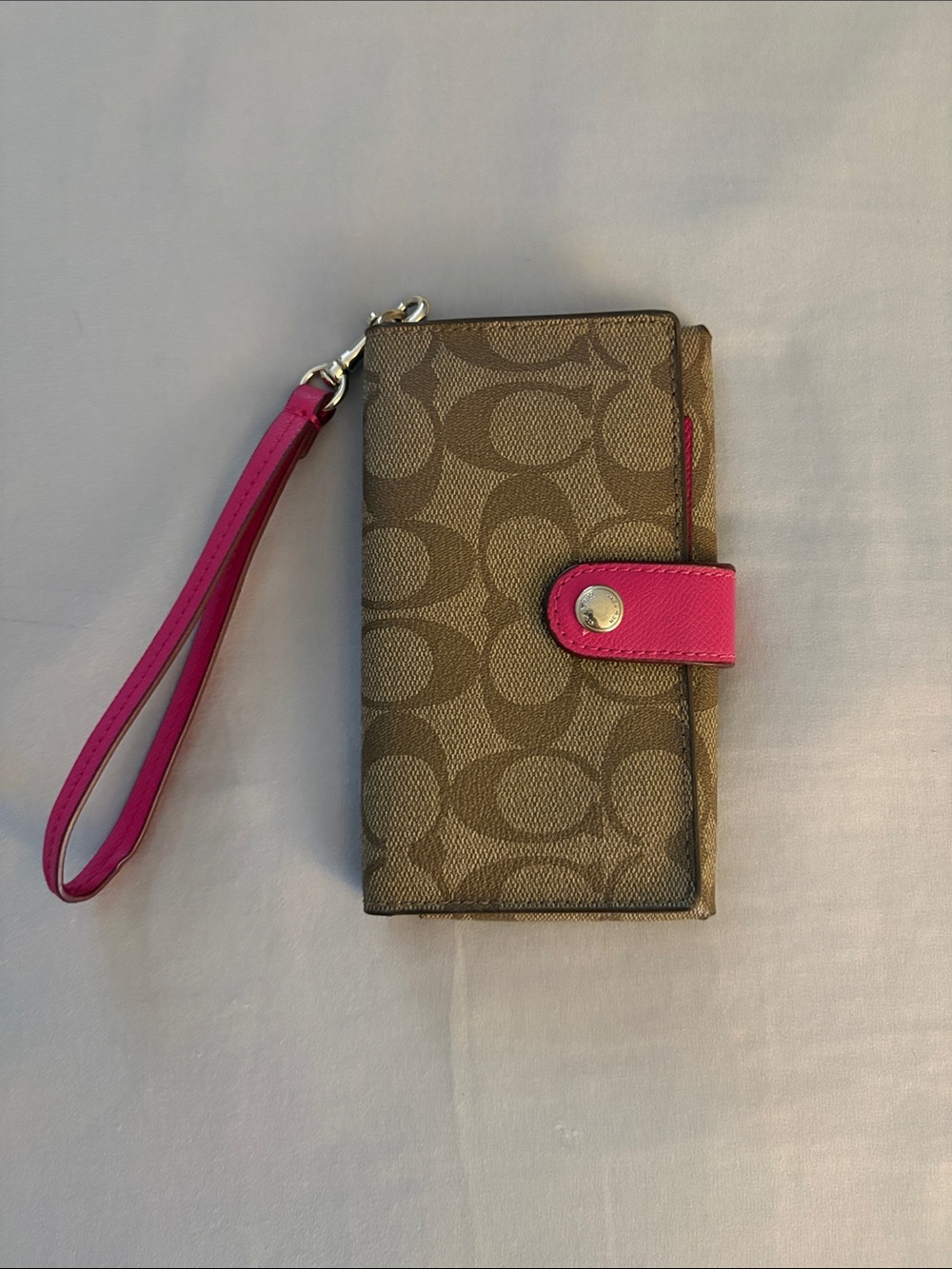 Coach Brown Signature Canvas Phone Wristlet with Pink Trim
